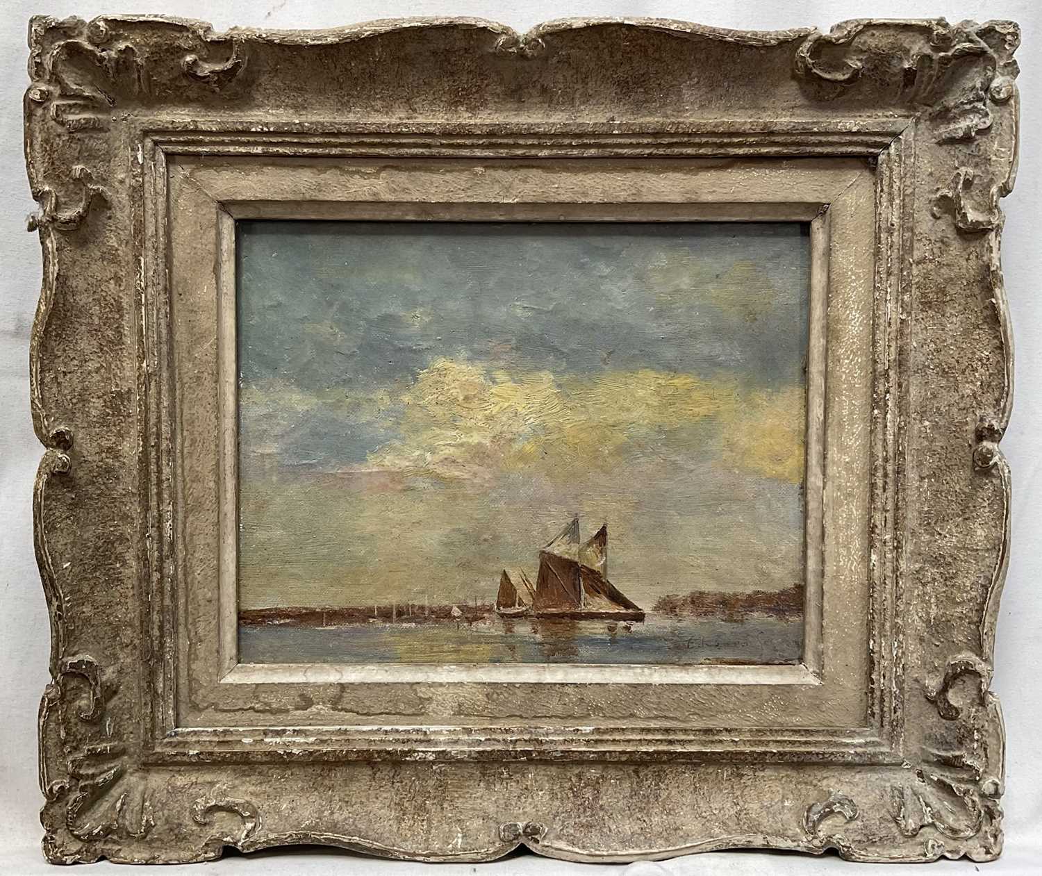 Lot 31 - Manner of Edward Seago, oil on panel - sailing boats at sea, bearing signature.17.5cm x 23cm. Framed .
