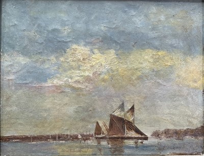 Lot 31 - Manner of Edward Seago, oil on panel - sailing boats at sea, bearing signature.17.5cm x 23cm. Framed .