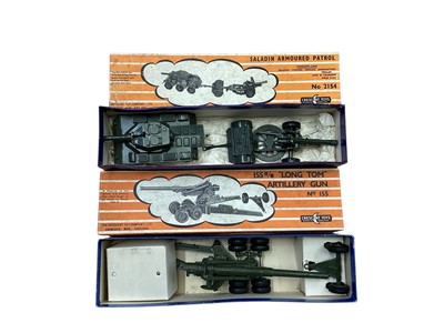 Lot 1629 - Crescent Toys Saladin Armoured Patrol No.2154 (part 25 pounder gun missing) & 155mm Long Tom Artilery Gun No.155, both boxed , plus other military weapons or vehicles, all boxed (6)