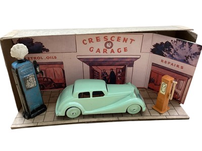 Lot 1631 - Crescent Garage cardboard display with saloon car & other early diecast vehicles (5)