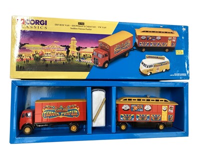 Lot 1636 - Corgi Classics Showman's Caravan No.31702, Billy Smarts AEC Mercury Truck & Trailer and Limited Edition Circus Trailer No.CP10502, all boxed (3)