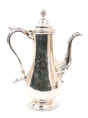 Lot 416 - Late 19th century silver plated coffee pot of baluster form, with engraved initials