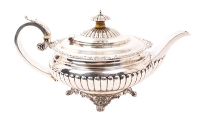 Lot 418 - George IV silver teapot of compressed form, with fluted decoration, shell and gadrooned border
