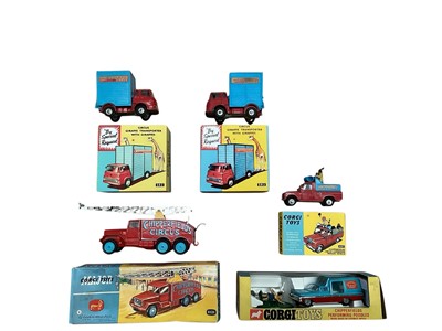 Lot 1641 - Corgi Major Chipperfields Circus Crane Truck No.1121, Giraffes Transporter (one giraffe replaced) & Land Rover Parade Vehicle, all reproduction boxes, plus Corgi ToysPerforming Poodles