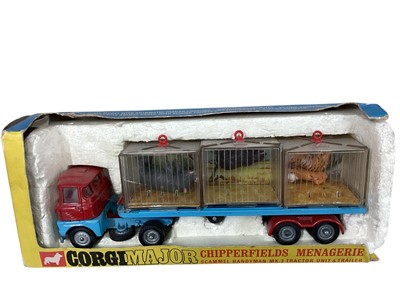 Lot 1643 - Corgi Major Chipperfields Menagerie with Scammell Handyman MK3 Tractor unit & trailer, 3 animal cages rhinoceros, bear & tigers (box poor) No.1139 & Chipperfields Circus Crane with S...