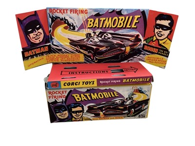 Lot 1649 - Corgi Toys Batmobile (Robin missing) & Batboat, both in reproduction boxes (2)