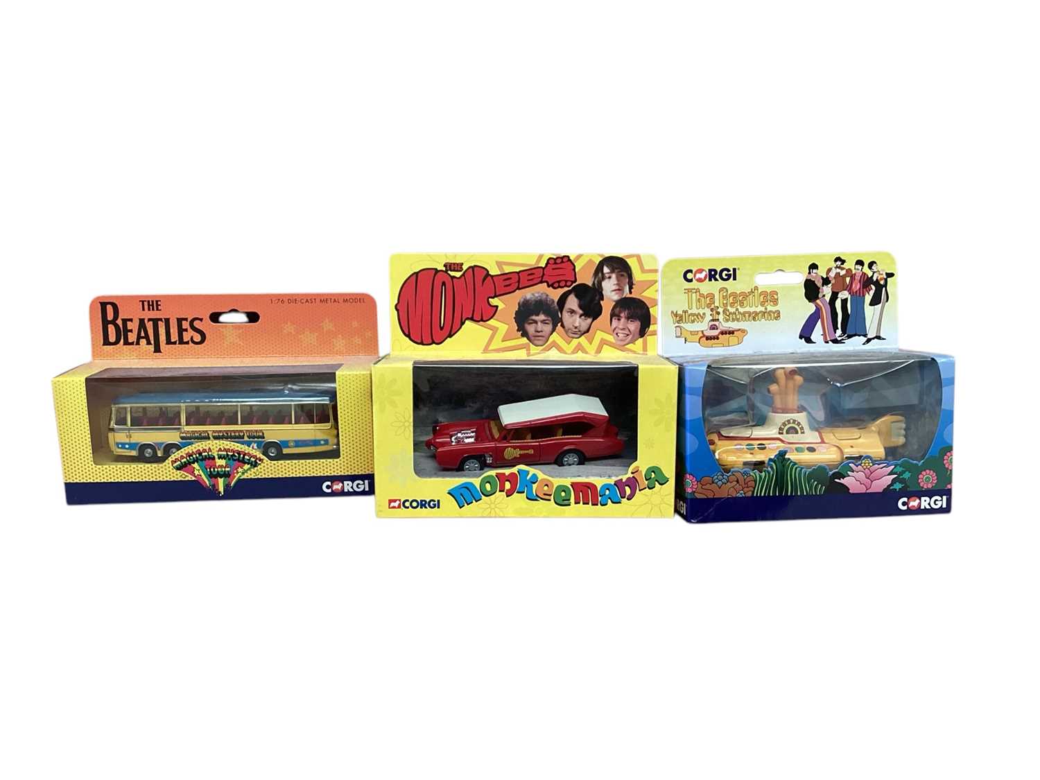 Lot 1651 - Corgi The Monkeemobile No.CC52405, The Beatles Yellow Submarine & The Magical Mystery Tour Bus, all in window boxes (3)