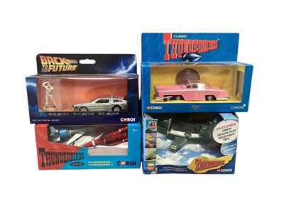 Lot 1654 - Corgi Thunderbird Classics including Thunderbirds 1,2 & 3 and FAB1, plus action figure, unboxed diecast Supercar and Back to the Future DeLoren, in window box (qty)