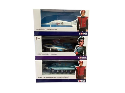 Lot 1655 - Corgi Gerry Andersons Stingray & Captain Scarlett and the Mysterons Angel Interceptor & Spectrum Pursuit Vehicle (SPV) and unboxed SPV & Spectrum Patrol Car (5)
