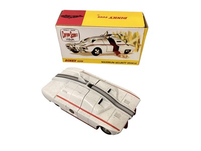 Lot 1656 - Dinky Toys Gerry Andersons Captain Scarlett and the Mysterons Maximum Security Vehicle, Spectrum Pursuit Vehicle & Spectrum Patrol Car, all in reproduction boxes (3)