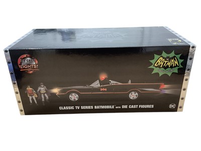 Lot 1657 - Jada Toys 1:18 scale 1966 Classic Hollywood Rides diecast Batmobile with Batman & Robin figures, boxed, plus Corgi Toys Batmobile & Batboat (Reproduction Box) Gift Set 3 and Corgi Toys...