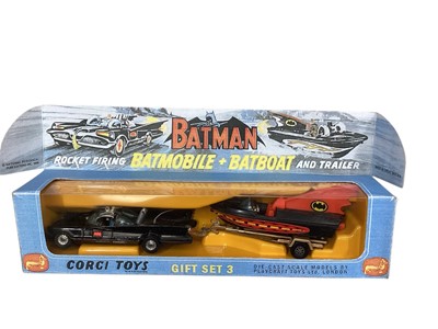 Lot 1657 - Jada Toys 1:18 scale 1966 Classic Hollywood Rides diecast Batmobile with Batman & Robin figures, boxed, plus Corgi Toys Batmobile & Batboat (Reproduction Box) Gift Set 3 and Corgi Toys...