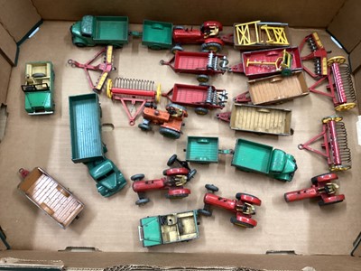 Lot 1659 - Selection of Dinky diecast Farm Models including Tractors, Implements, Trumbels, Bedford Trucks & Land Rovers, all unboxed (qty)
