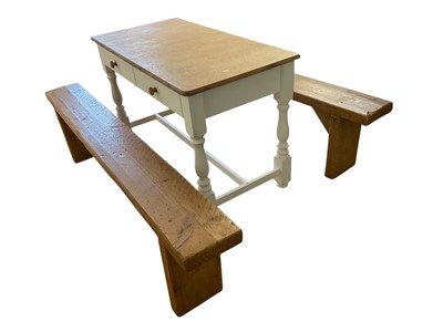 Lot 1216 - White painted kitchen table and two benches