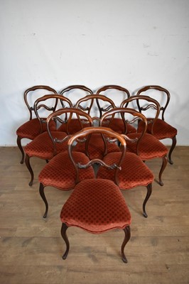 Lot 1603 - Set of ten Victorian rosewood hoop-back dining chairs, and an Edwardian elbow chair with conforming upholstery