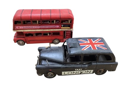 Lot 1672 - Lesser & Pavey tinplate vintage transport series including Routemaster Bus, London Cab, Land Rover , Mini, Fiat, Willys Jeep & Lorry (1 box)