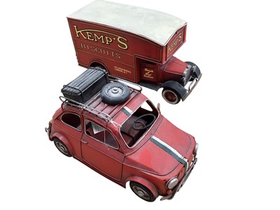 Lot 1672 - Lesser & Pavey tinplate vintage transport series including Routemaster Bus, London Cab, Land Rover , Mini, Fiat, Willys Jeep & Lorry (1 box)