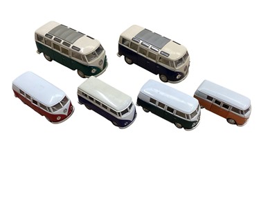 Lot 1675 - Dickie Toys VW Surfer Van, selection of VW Campervans including money boxes & Revell 1:24 scale Volkswagen T1 Samba Bus model kit No.07399 (1 box)