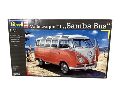 Lot 1675 - Dickie Toys VW Surfer Van, selection of VW Campervans including money boxes & Revell 1:24 scale Volkswagen T1 Samba Bus model kit No.07399 (1 box)