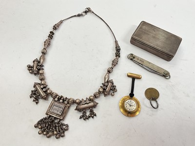 Lot 1084 - 1930s silver snuff box (London 1938), silver mounted pen knife, white metal necklace, Cord gold plated nurse's watch and a coin keyring