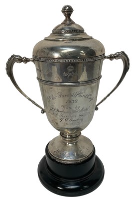Lot 923 - 1920s silver two-handled lidded trophy, engraved New Forest Hunt Cup 1930, on stand, (London 1929), approximately 40ozs, 38cm high overall