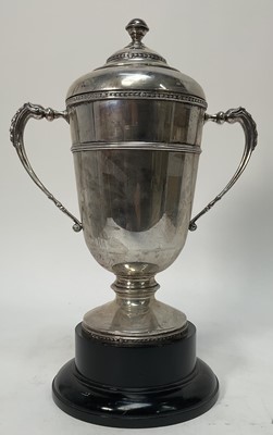 Lot 923 - 1920s silver two-handled lidded trophy, engraved New Forest Hunt Cup 1930, on stand, (London 1929), approximately 40ozs, 38cm high overall