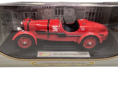 Lot 1835 - Signature Models 1:18 scale vintage cars including 1938 Buick Century Convertible Coupe, 1934 Aston Martin Le Mans Team Car & 1934 Aton Martin Mark II, in window boxes (3)