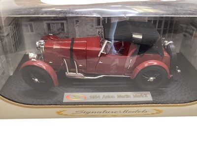 Lot 1835 - Signature Models 1:18 scale vintage cars including 1938 Buick Century Convertible Coupe, 1934 Aston Martin Le Mans Team Car & 1934 Aton Martin Mark II, in window boxes (3)