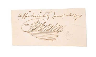 Lot 915 - Charles Dickens, rare signature in brown ink 'affectionately yours always Charles Dickens' inscribed in pencil 'Boz', scrap of paper total size, 6 x 11cm