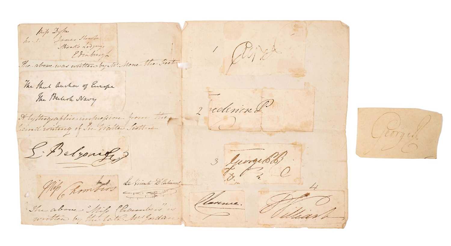 Lot 914 - Collection of signatures, stuck to a folded sheet of laid paper, annotated with some of the signatures - No 1 - signature of his majesty George 3rd in April 1810; No 2 - Signature of a the Princ...