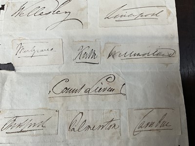 Lot 914 - Collection of signatures, stuck to a folded sheet of laid paper, annotated with some of the signatures - No 1 - signature of his majesty George 3rd in April 1810; No 2 - Signature of a the Princ...