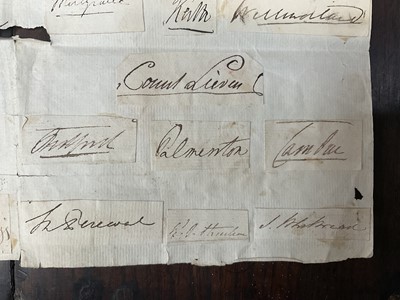 Lot 914 - Collection of signatures, stuck to a folded sheet of laid paper, annotated with some of the signatures - No 1 - signature of his majesty George 3rd in April 1810; No 2 - Signature of a the Princ...