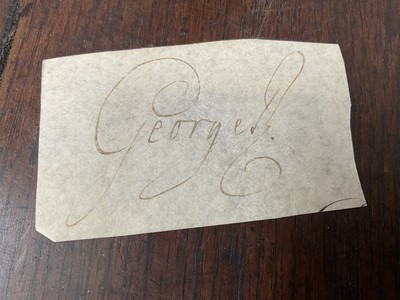 Lot 914 - Collection of signatures, stuck to a folded sheet of laid paper, annotated with some of the signatures - No 1 - signature of his majesty George 3rd in April 1810; No 2 - Signature of a the Princ...