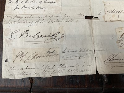 Lot 914 - Collection of signatures, stuck to a folded sheet of laid paper, annotated with some of the signatures - No 1 - signature of his majesty George 3rd in April 1810; No 2 - Signature of a the Princ...
