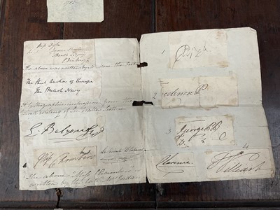 Lot 914 - Collection of signatures, stuck to a folded sheet of laid paper, annotated with some of the signatures - No 1 - signature of his majesty George 3rd in April 1810; No 2 - Signature of a the Princ...