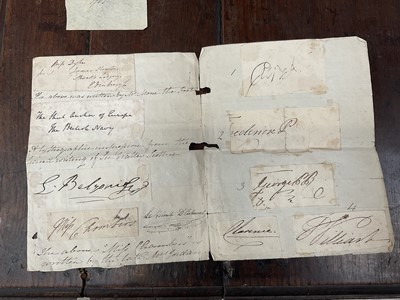 Lot 914 - Collection of signatures, stuck to a folded sheet of laid paper, annotated with some of the signatures - No 1 - signature of his majesty George 3rd in April 1810; No 2 - Signature of a the Princ...