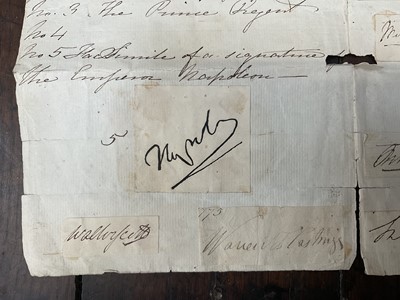 Lot 914 - Collection of signatures, stuck to a folded sheet of laid paper, annotated with some of the signatures - No 1 - signature of his majesty George 3rd in April 1810; No 2 - Signature of a the Princ...