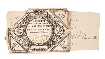 Lot 913 - Rare entrance ticket to the Paris Muséum d'Histoire Naturelle Signed, "B[aron]G[eorges]Cuvier," (1769-1832), granting admission for up to four people, attached by pin to an inscribed note addres...