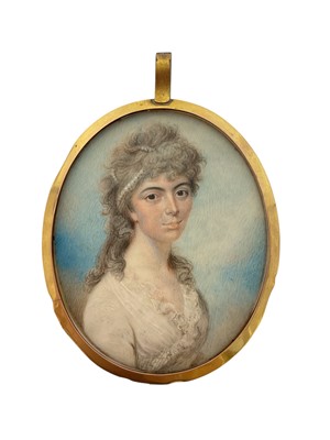 Lot 901 - Attributed to Andrew Plimer (1763-1837) miniature watercolour portrait on ivory, depicting a lady named a Madame Elizabeth Aubin, inscribed to card back, 7.5 x 6cm, gilt frame