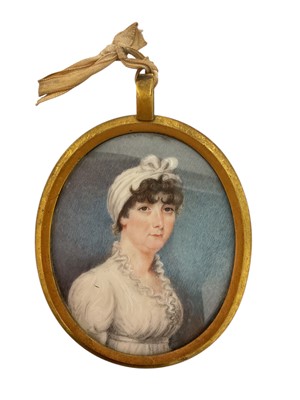 Lot 902 - English School, Regency portrait miniature of a lady with white bonnet, oval, 7 x 6cm, glazed gilt metal frame