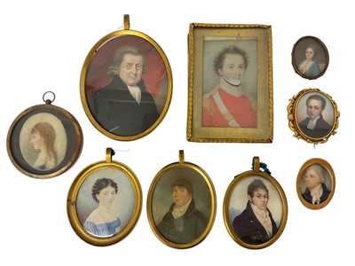 Lot 904 - Collection of portrait miniatures on ivory the largest a Georgian gentleman, 9 x 8cm, in oval glazed frame. (9)