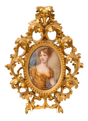 Lot 907 - English School, 19th century, fine half length portrait miniature on ivory of a young woman in diaphanous dress, oval, 12 x 9cm, in fine Florentine carved gilt frame