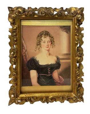 Lot 908 - 19th century school, probably Maltese, half length portrait miniature on ivory, depicting a lady named verso as Baroness Testaferrata Abella, 14 x 11cm, glazed gilt wood frame