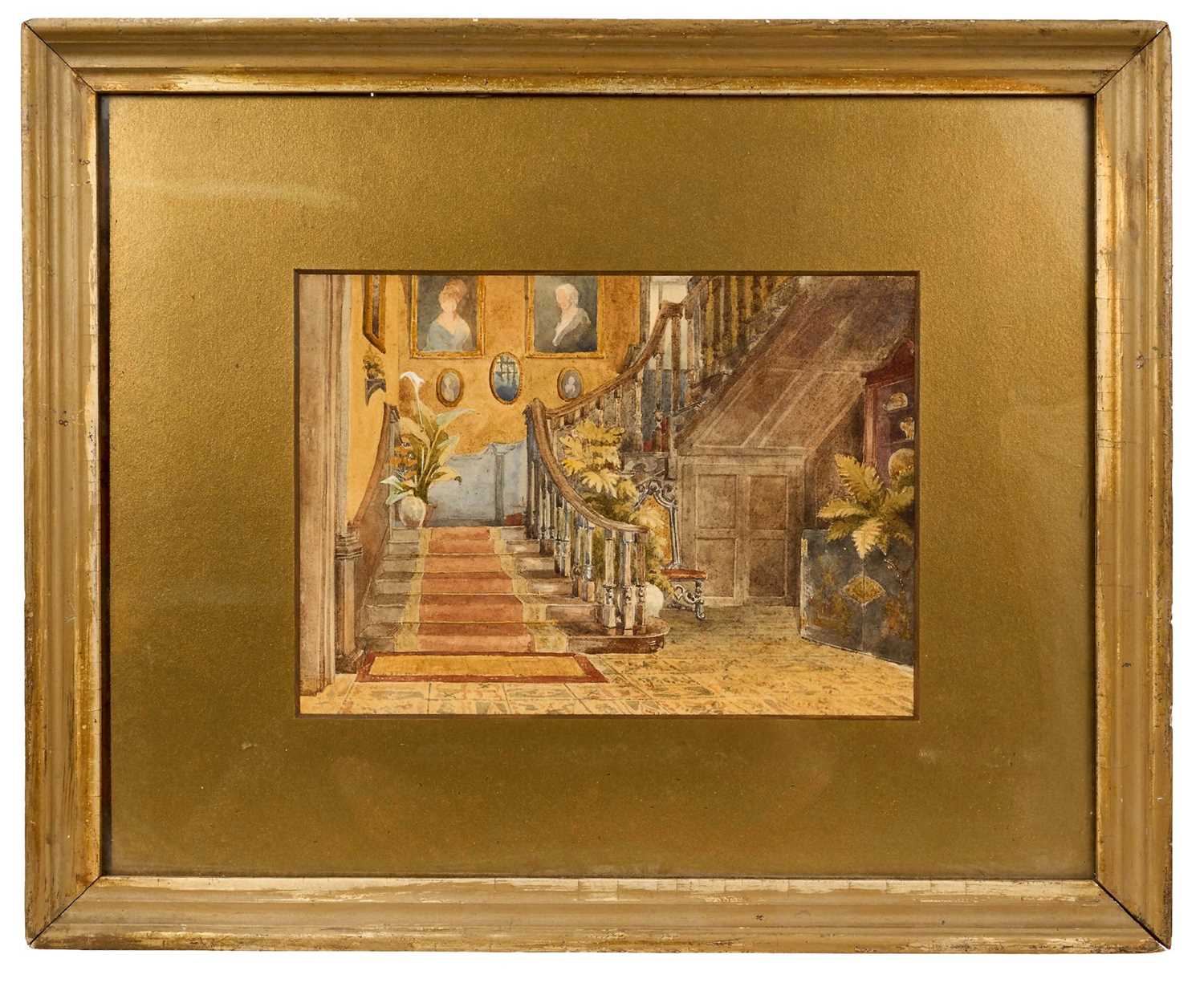 Lot 970 - Of Titanic interest: Early 20th century watercolour depicting an interior described to period label verso as 'The Staircase of Old West Quay House, built against the West wall of Southampton, oc...
