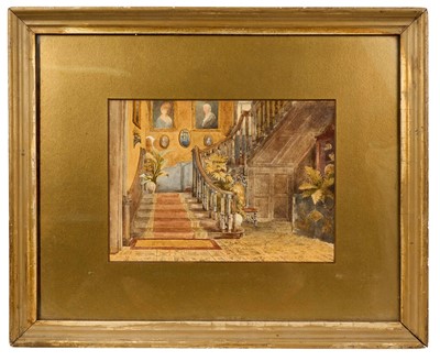 Lot 970 - Of Titanic interest: Early 20th century watercolour depicting an interior described to period label verso as 'The Staircase of Old West Quay House, built against the West wall of Southampton, oc...