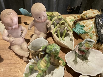 Lot 229 - Collection of Victorian porcelain novelty wall pockets and similar wares to include late 19th century continental porcelain 'frog' trinket dishes, other animal related novelty ceramics, Doulton...
