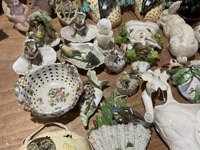 Lot 229 - Collection of Victorian porcelain novelty wall pockets and similar wares to include late 19th century continental porcelain 'frog' trinket dishes, other animal related novelty ceramics, Doulton...