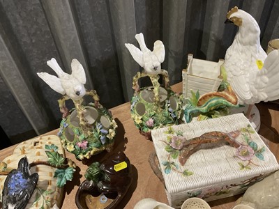Lot 229 - Collection of Victorian porcelain novelty wall pockets and similar wares to include late 19th century continental porcelain 'frog' trinket dishes, other animal related novelty ceramics, Doulton...