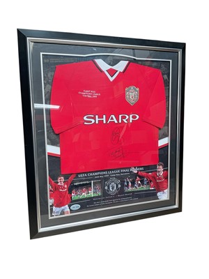 Lot 372 - 1999 Manchester United Champions League final replica shirt, signed by the goal scorers Teddy Sheringham and Ole Gunnar Solskjaer