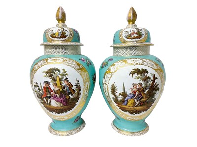 Lot 331 - Large pair of 19th century Dresden porcelain vases and covers, 65cm high
